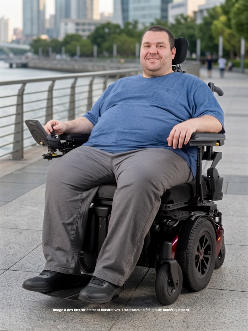 Amylior Alltrack HD3 very heavy-duty power wheelchair with seated user outdoors